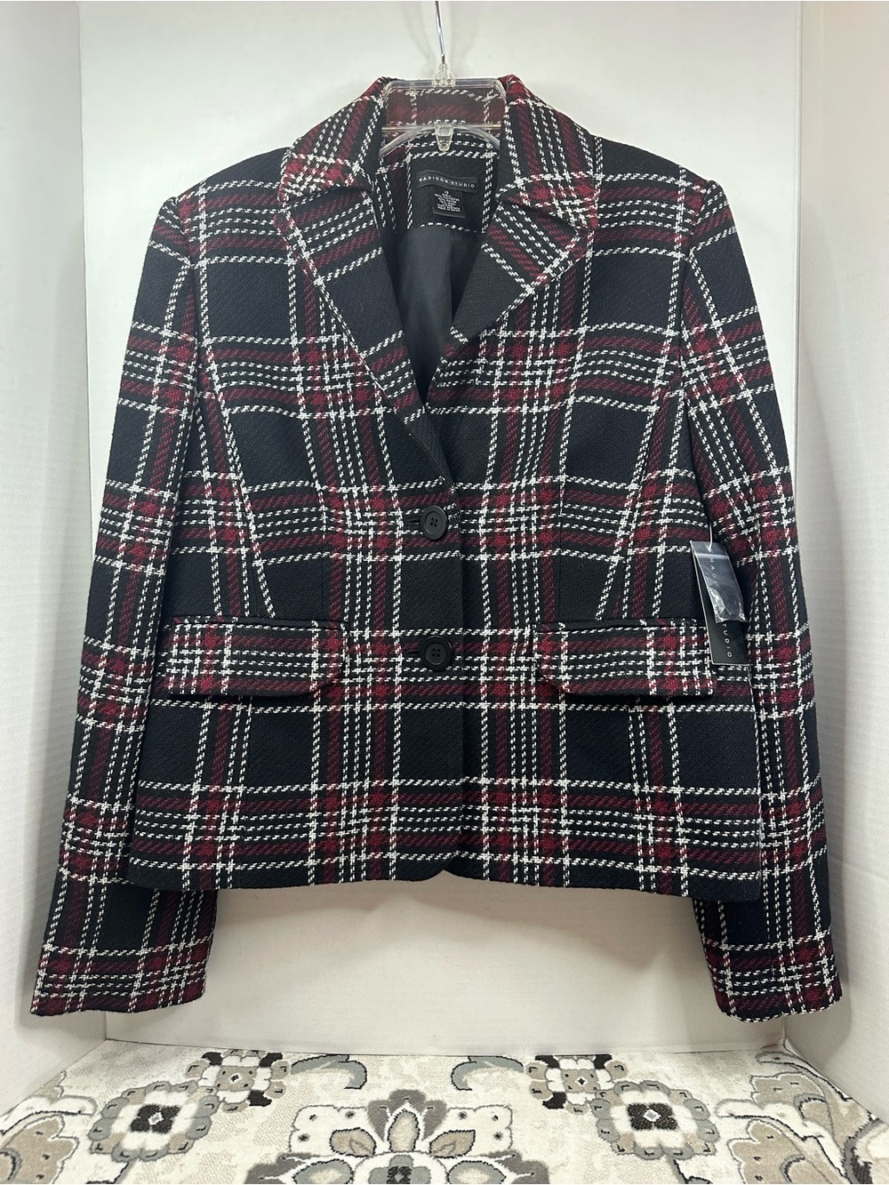 Madison Studio Black and Burgundy Plaid Tailored Blazer, size 12, NWT